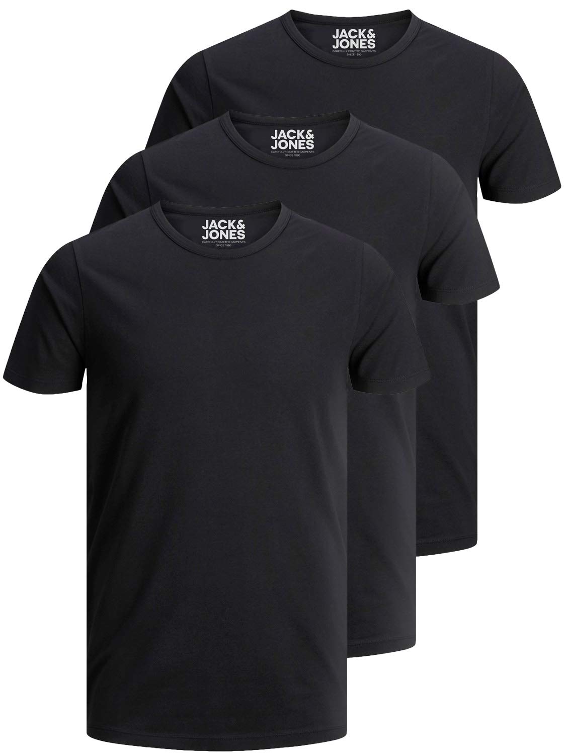 JACK & JONES 3er Pack Herren Basic T-Shirt Rundhals einfarbig Slim Fit - Weiß, Schwarz, Blau, Grau